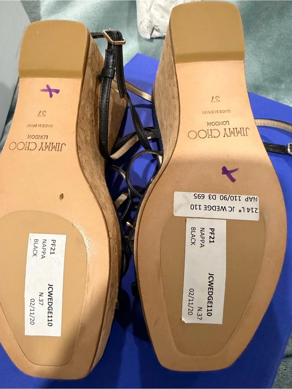 Jimmy Choo Black Leather Strappy Cork Wedge Sandals with Gold Logo